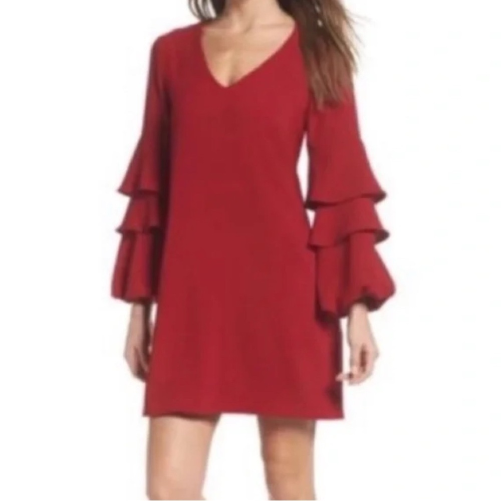 Charles Henry Nordstrom Party Dress M Red Tiered Bell Sleeve Holiday Cocktail